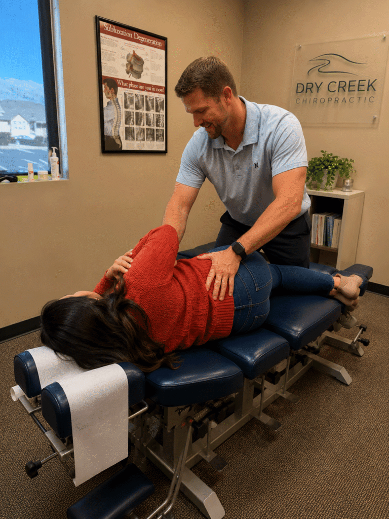 Dr. Aaron Walker performing a chiropractic adjustment on a woman at Dry Creek Chiropractic in Lehi, Utah