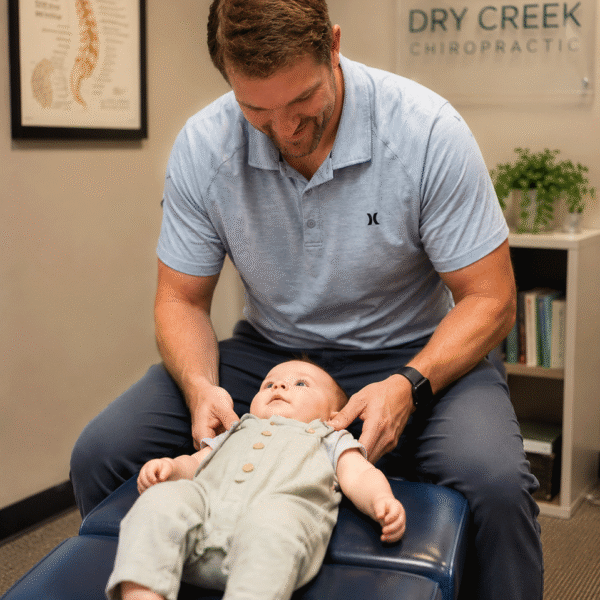 Dr. Aaron Walker adjusting an infant at Dry Creek Chiropractic in Lehi, Utah